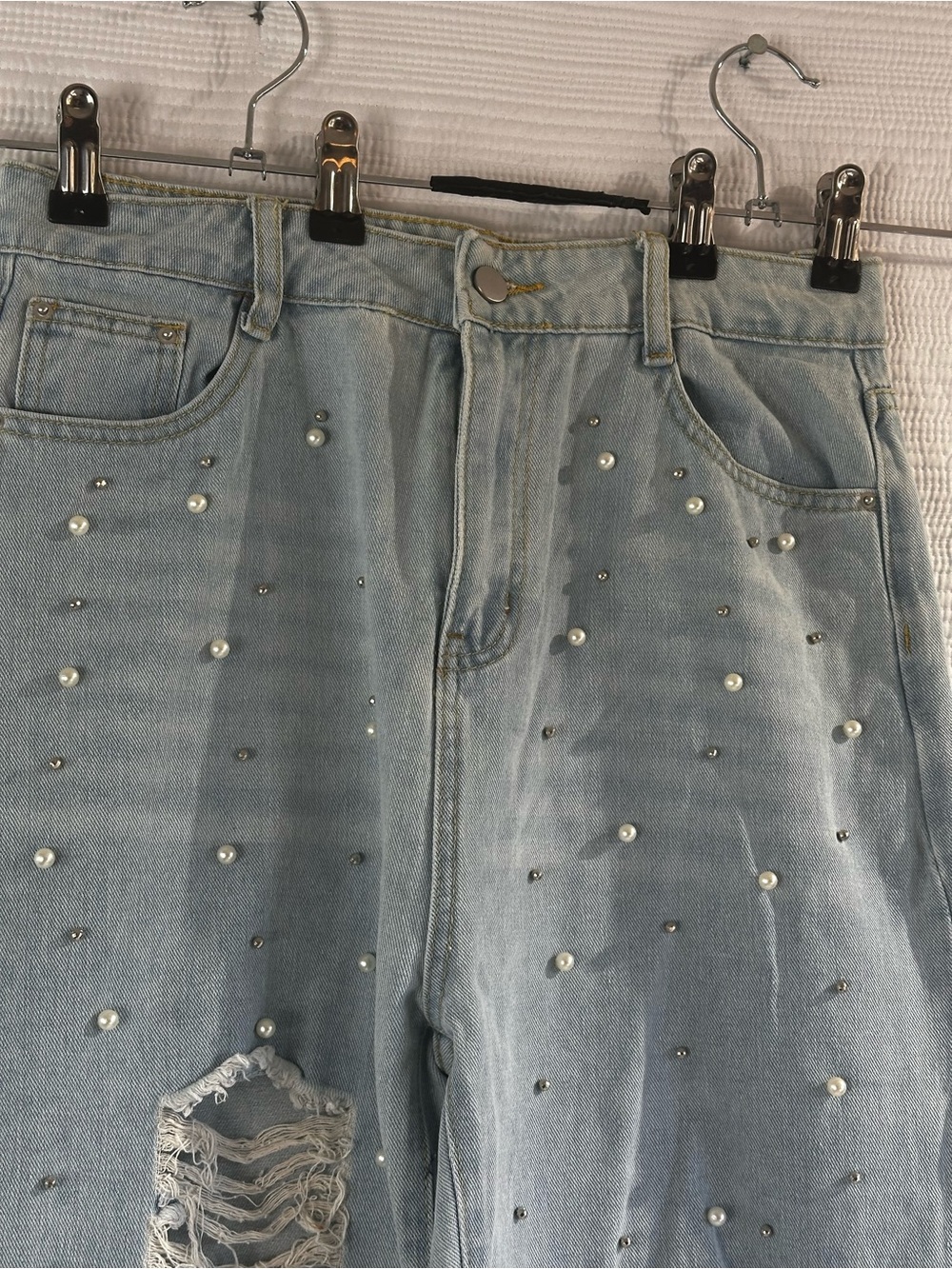 Y2K Pearl Studded Wide Leg Jeans Light Wash Distressed Split Hem Denim Pants - Picture 6 of 16